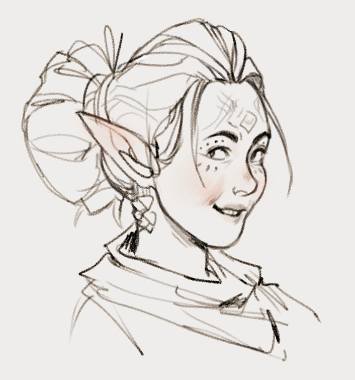 Sketch of the character Bellara Lutare from the upcoming game, Dragon Age The Veilguard. She's smiling and looking towards the viewer.