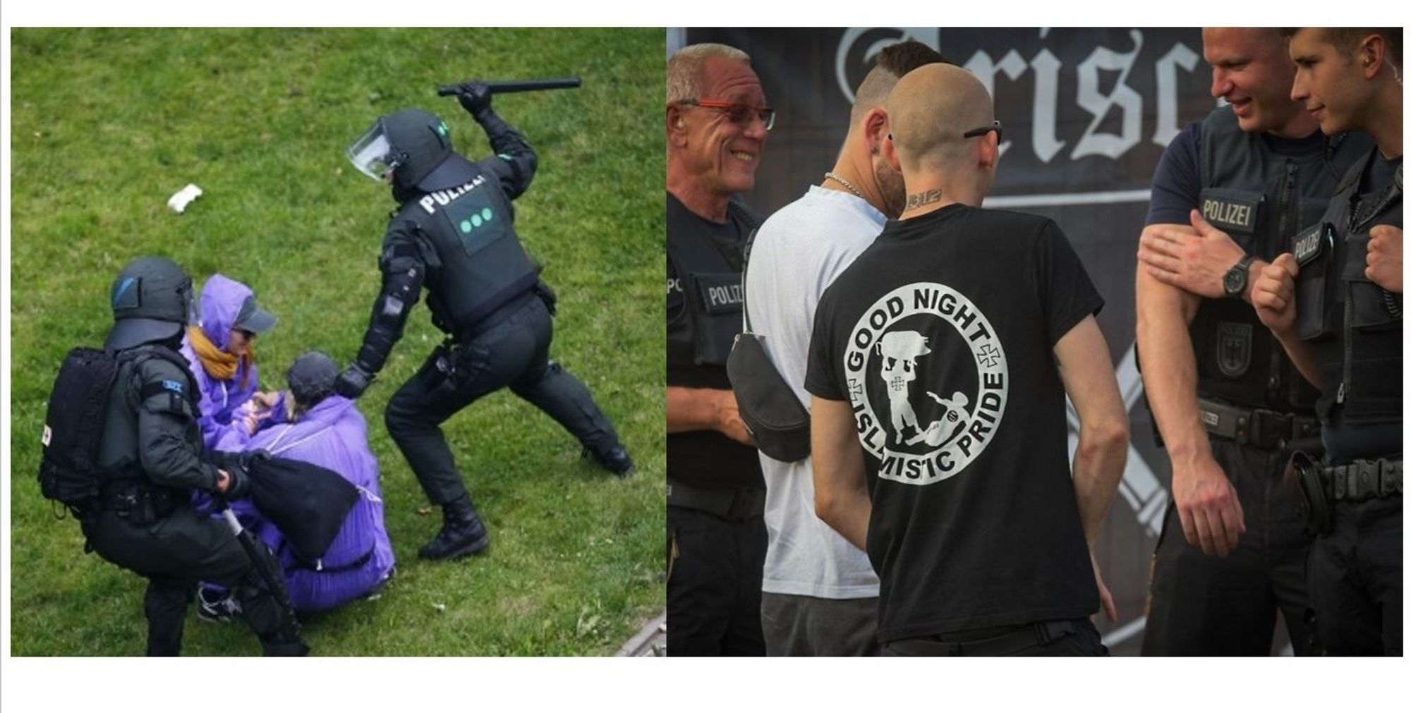 foto gegenüberstellung
polizei knüppelt demonstranten, menschen in regenmänteln, nieder
polizei steht lachend mit rechten zusammen, tätowierungen, rechte logos auf shirt