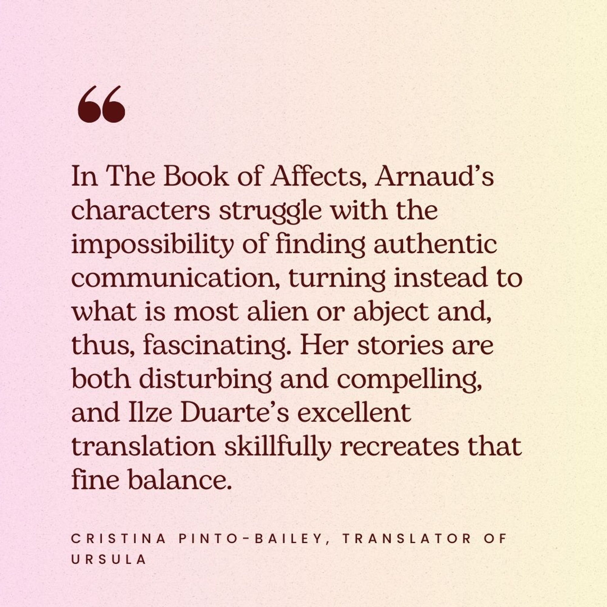 "In The Book of Affects, Arnaud's characters struggle with the impossibility of finding authentic communication, turning instead to what is most alien or abject and, thus, fascinating. Her stories are both disturbing and compelling, and Ilze Duarte's excellent translation skillfully recreates that fine balance." Cristina Pinto-Bailey, translator of Ursula by Maria Firmina dos Reis