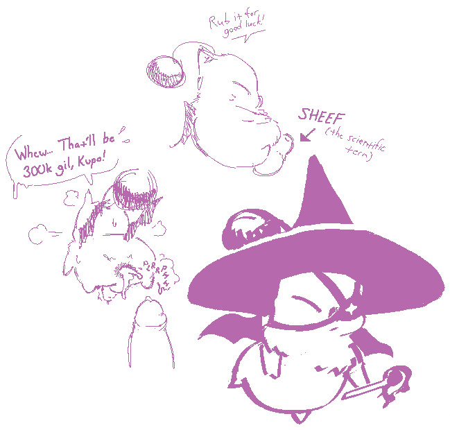 a selection of moogles - the topmost showing off its sheath, the middle noisily expelling the result of a shady exchange of services, and the third in a cool badass black mage outfit holding a very dissatisfying looking wand