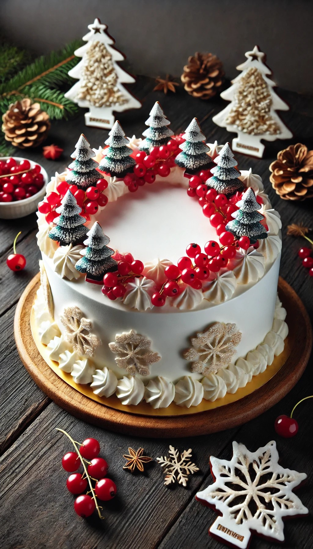 Bitte male mir eine hohe, schmale Torte, die vollständig mit weißem Fondant verkleidet ist. Auf und um die Torte herum ist jeweils ein Ring aus Sahnehäubchen. Auf der Torte sind rote Johannisbeeren verstreut und Deko-Tannenbäume, die so aussehen wie Duftbäume im Auto. Um die Torte herum sind Tannenzapfen und Süßkirschen. Der Rand der Torte ist mit goldenen Deko-Sternen beklebt. Die Torte steht auf einer runden Holzplatte auf einer Tischplatte aus dunklen Holzbrettern mit jeweils einigen Zentimetern Abstand dazwischen.