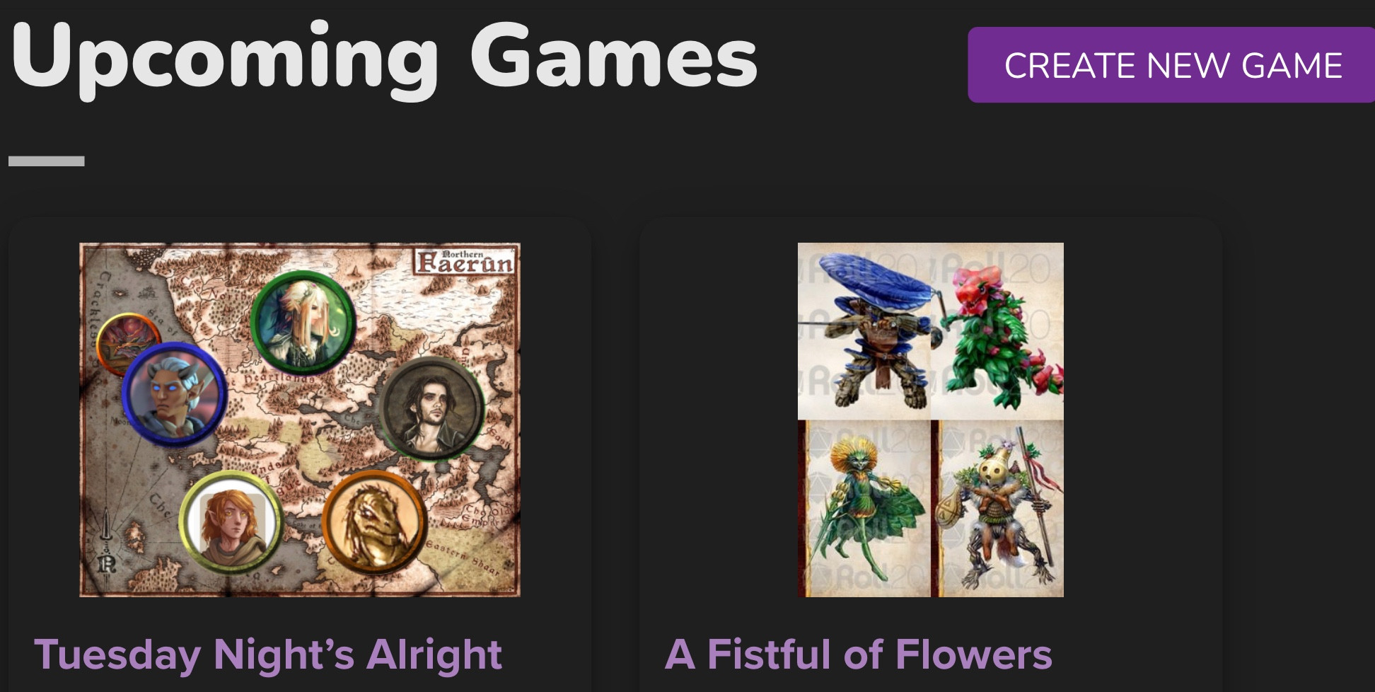 Upcoming games list on Roll20…