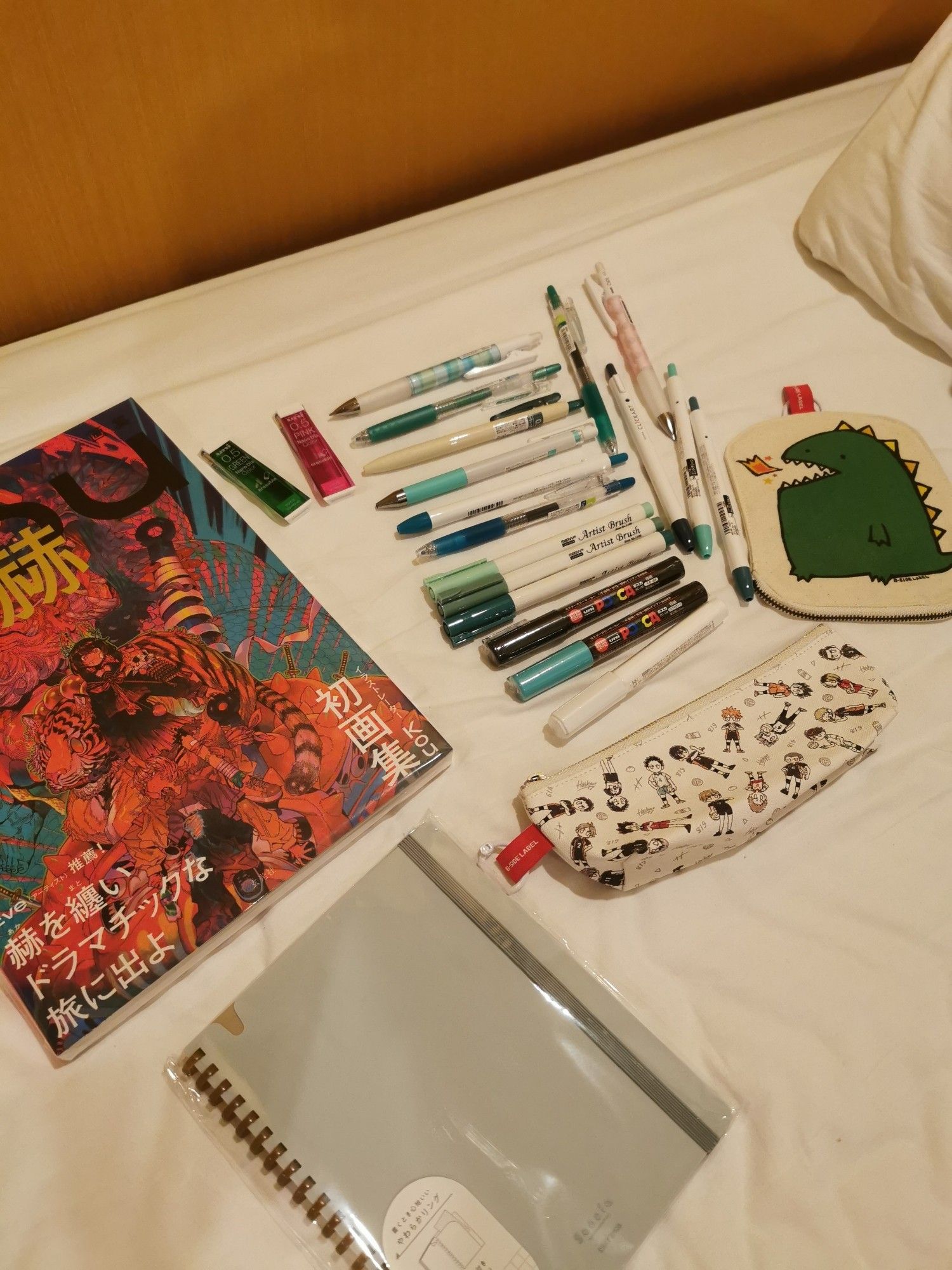 Picture of lots of pens in different teal and mint tones, a notebook, a Haikyuu pencil case, an Artbook with very detailed red illustrations