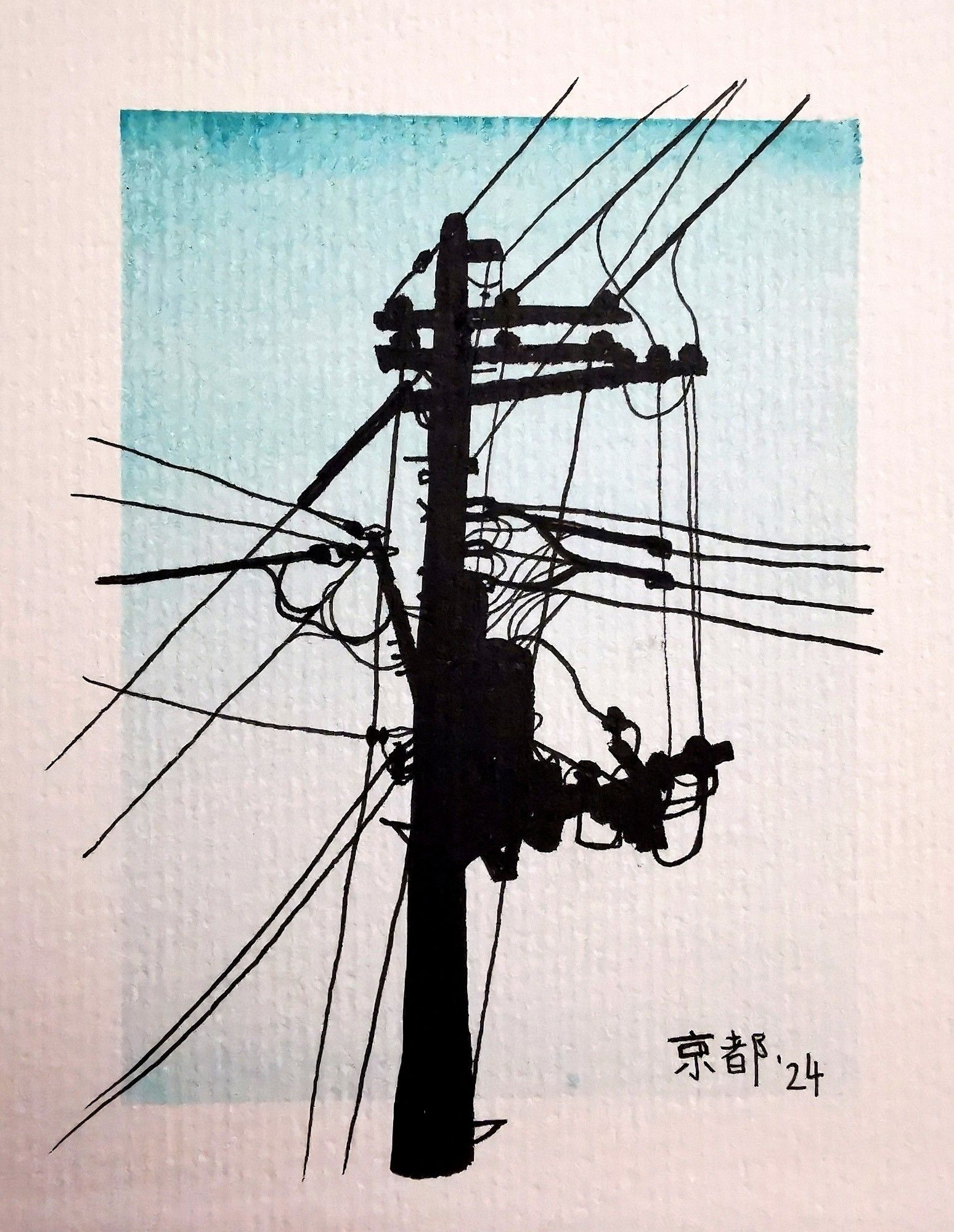 Ink art of a electric utility pole with lots of cables inspired by an actual one taken in Kyoto. The background is a light blue with a fade done with watercolor