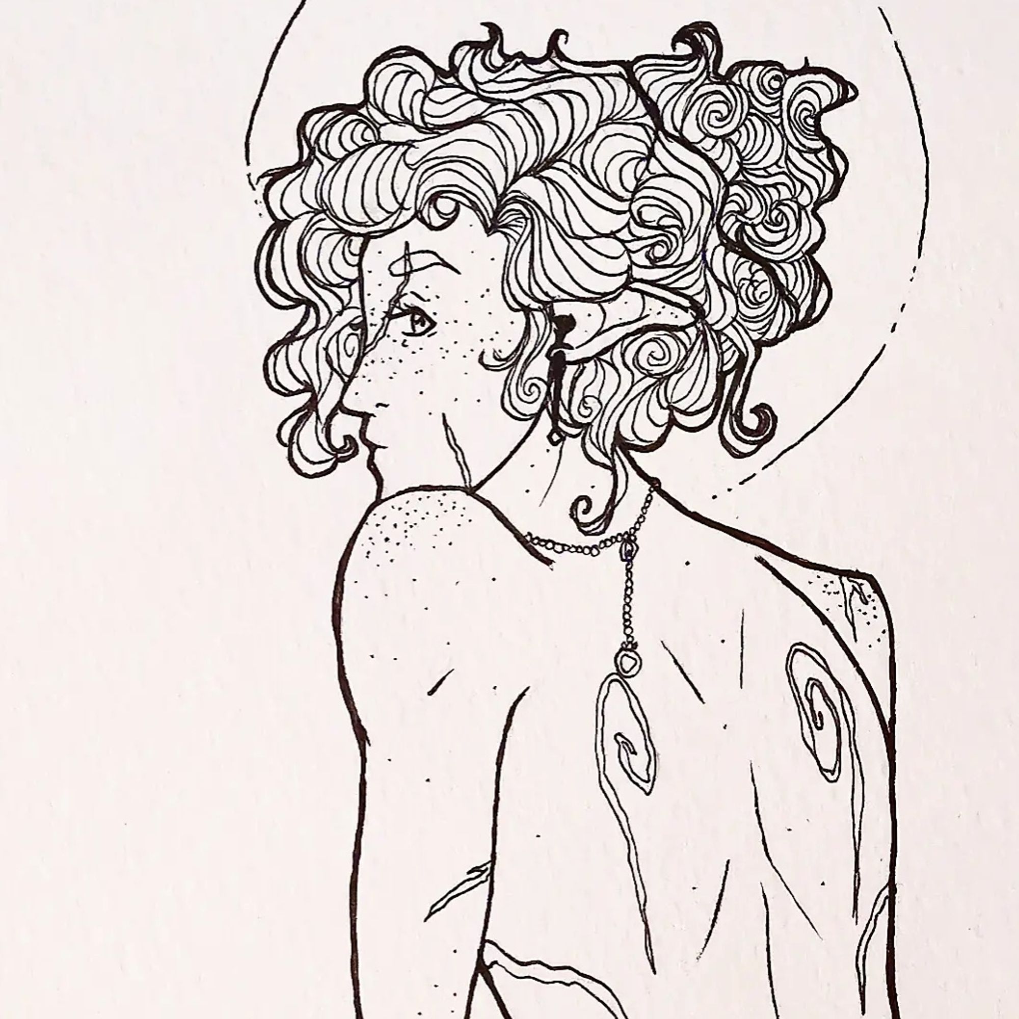 Traditional ink sketch of same OC Ashley with his hair up and from behind. You can see circular scars on his back