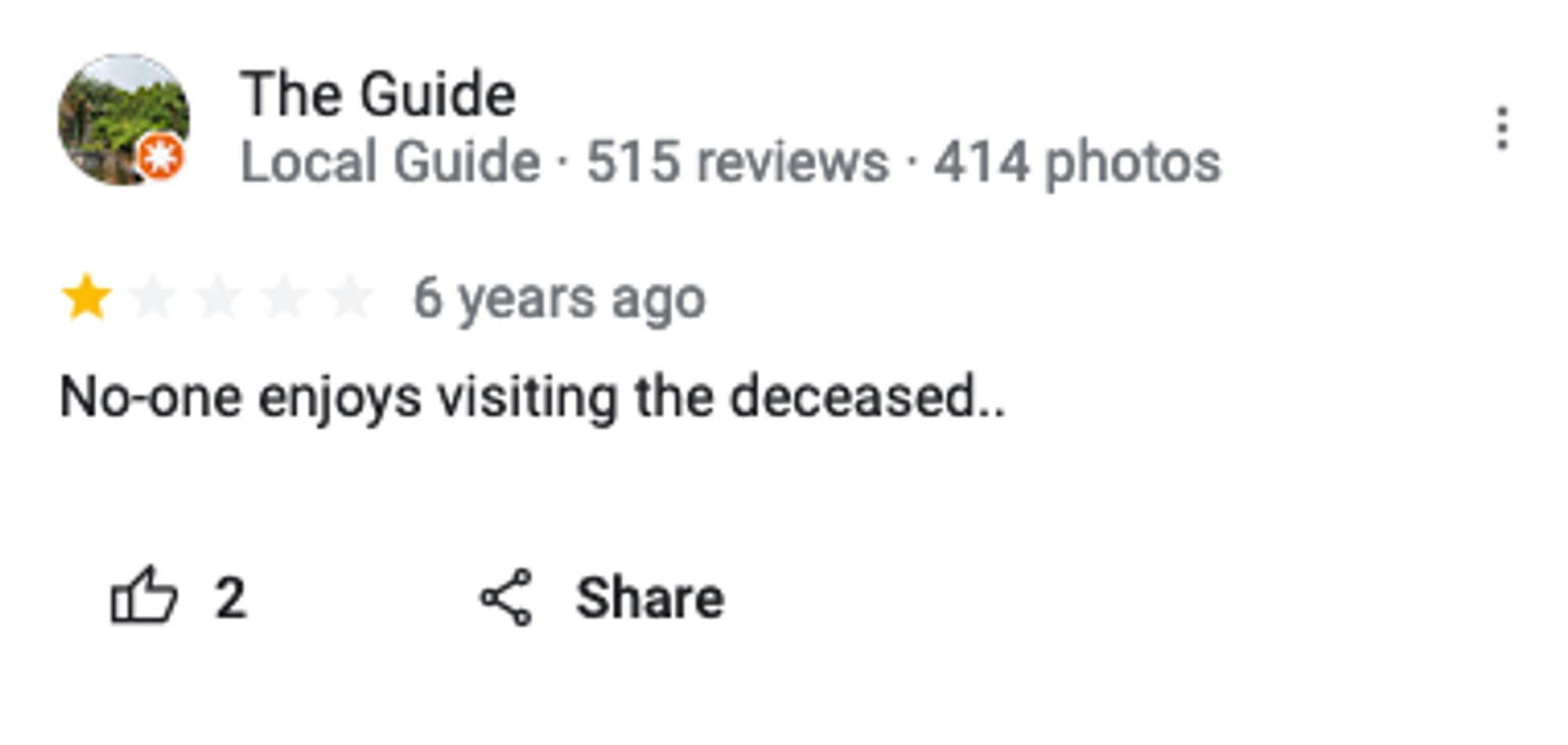 Google 1-star review:

No-one enjoys visiting the deceased..