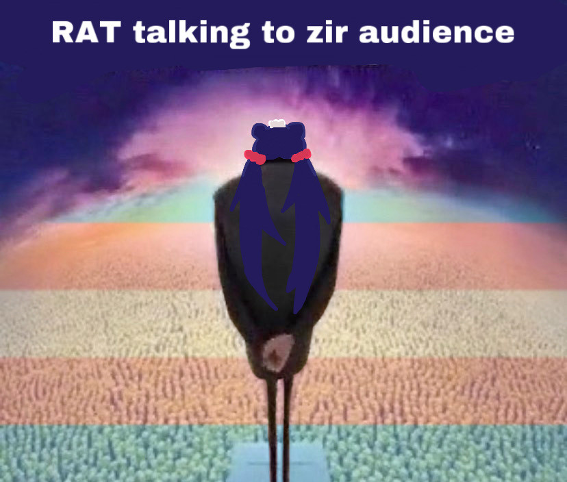 Edited image of Gru infront of thousands of minions, replacing Gru with doctor rat and there is a trans flag overlaying the crowd of minions