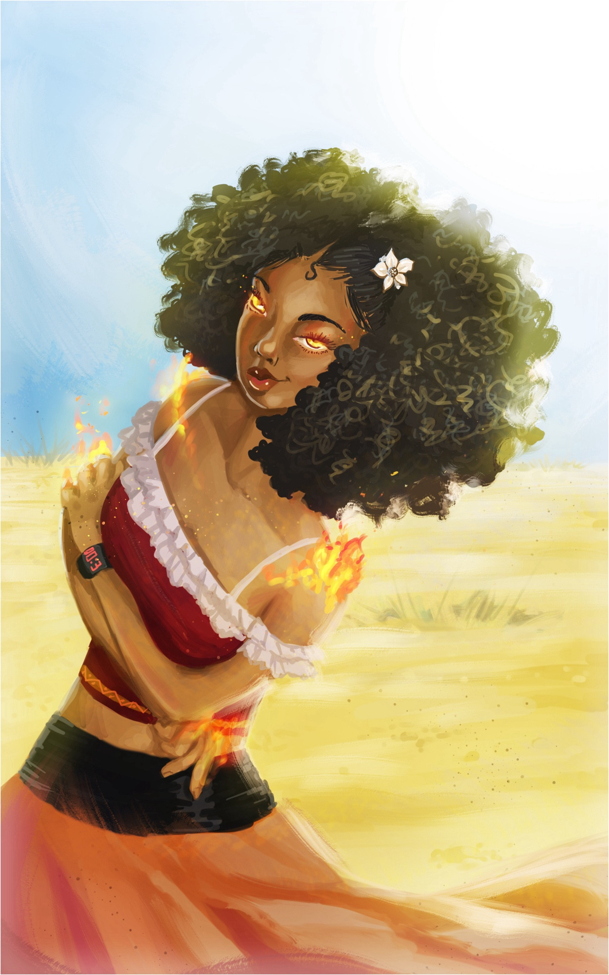 Young black girl with flames coming from her finger tips standing in front of a desert background