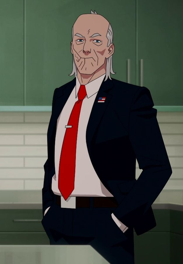 Cecil Stedman from Invincible wearing a dark suit and red tie with an American flag lapel pin