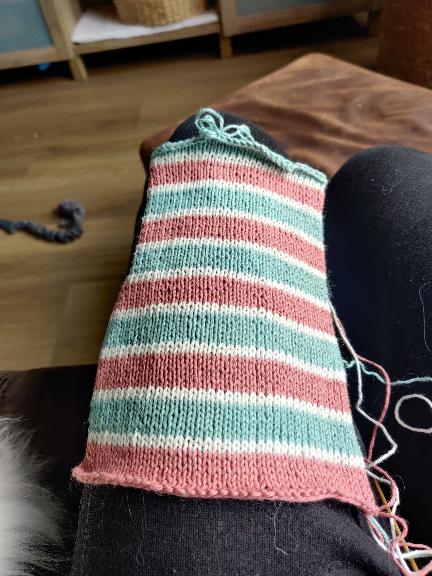 Een gebreid achterpand van een vest voor een baby. Het heeft strepen in oudroze en een groenblauwe kleur, tussen de kleuren twee rijen wit. Verder zie je aan de losse eindjes dat het nog niet bepaald af is