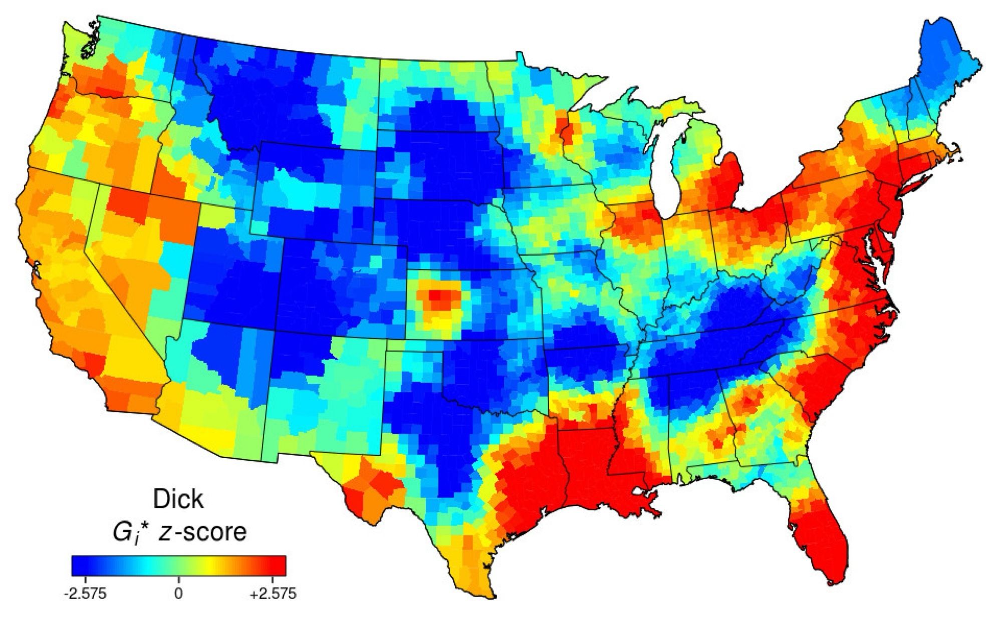 Heat map showing the frequency of the word “dick” in a corpus of geo-coded tweets. The Atlantic Boston/NYC/Philly/DC corridor, S Florida, the Gulf of Mexico, and Erie Canal areas are all bright red; the west coast is moderately orange. Few other places love the word “dick” this much.