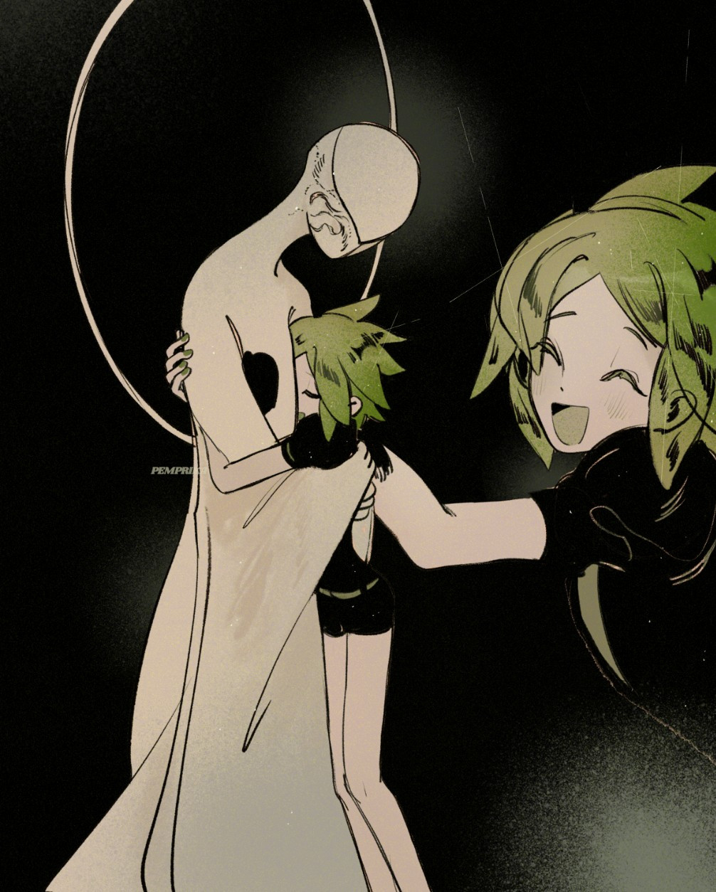 Young Phos embracing a taller light-colored entity in the center. Close-up sketch of Phos with a happy expression on the right.