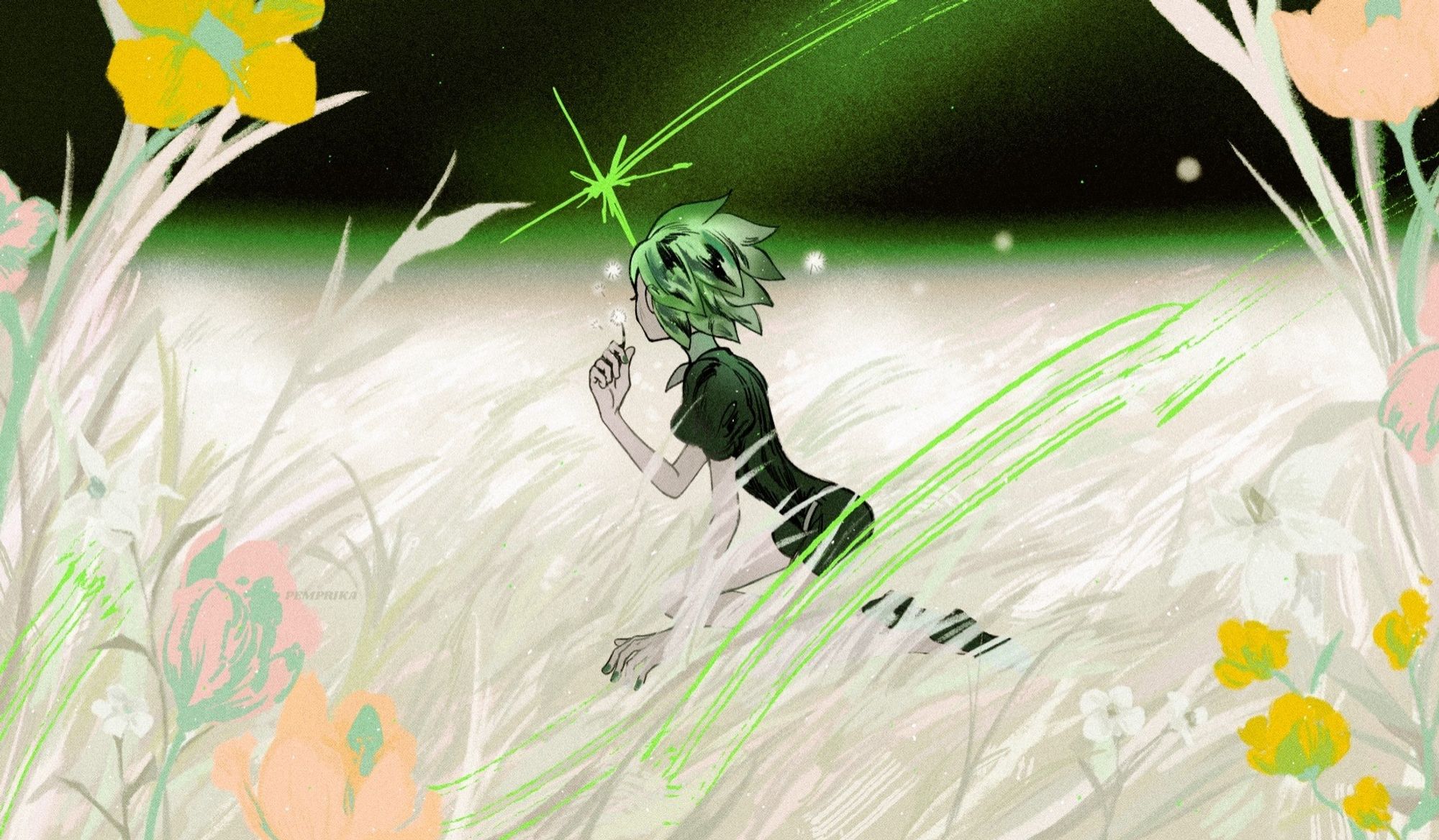 The background is an illuminating white field and colorful flowers adorned around. A green shooting star soars across the night sky. The character is faceless, kneeling, and holding a dandelion.