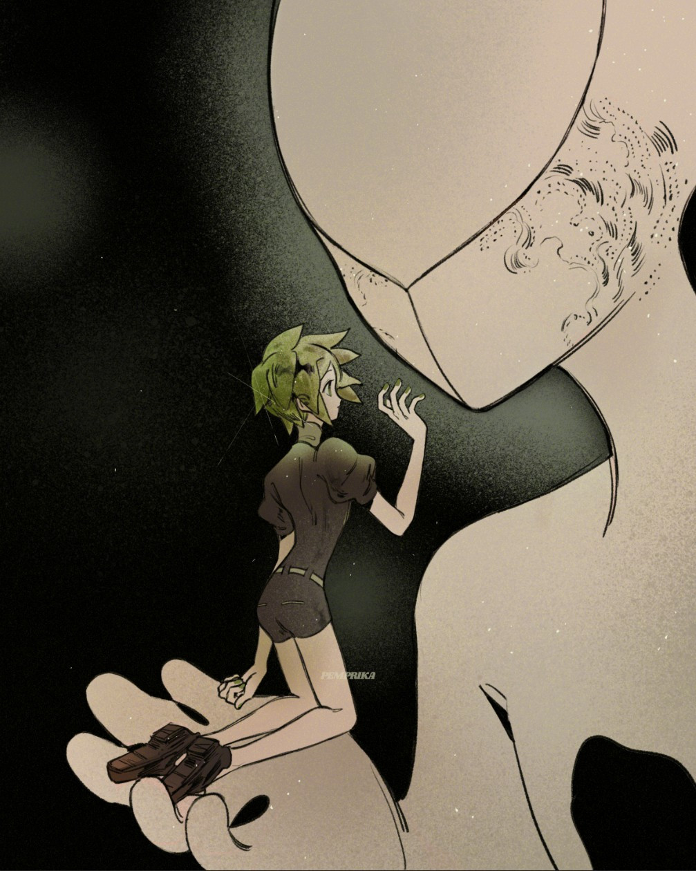 Young Phos, depicted in warm green hair and their backside exposed kneeling on the palm of a taller entity while raising their arm and looking at the other's face.