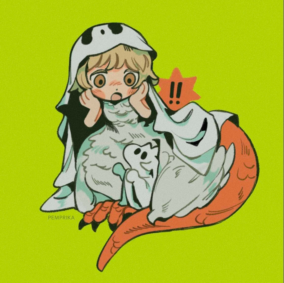 Chimera Falin under a ghost costume sheet as she holds her face in surprise at a baby red dragon disguised as a ghost.