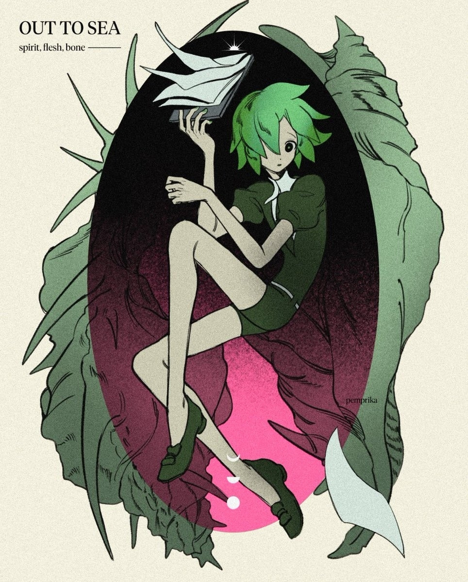 Phos is in a sitting position holding a notebook with pages fluttering. The background is an oval with a black to pink gradient layered on top of a spider shell and murex shell. Text on the top left says, "OUT TO SEA - spirit, flesh, bone"