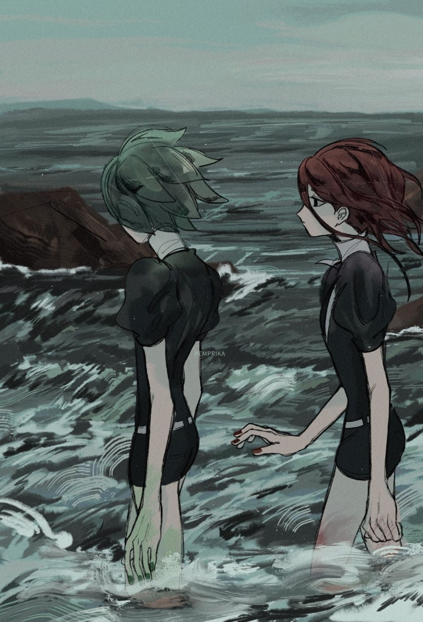 Young Phos and Shinsha standing in the ocean. Phos is facing away with their back turned as Shinsha is somberly reaching out to grab their hand.