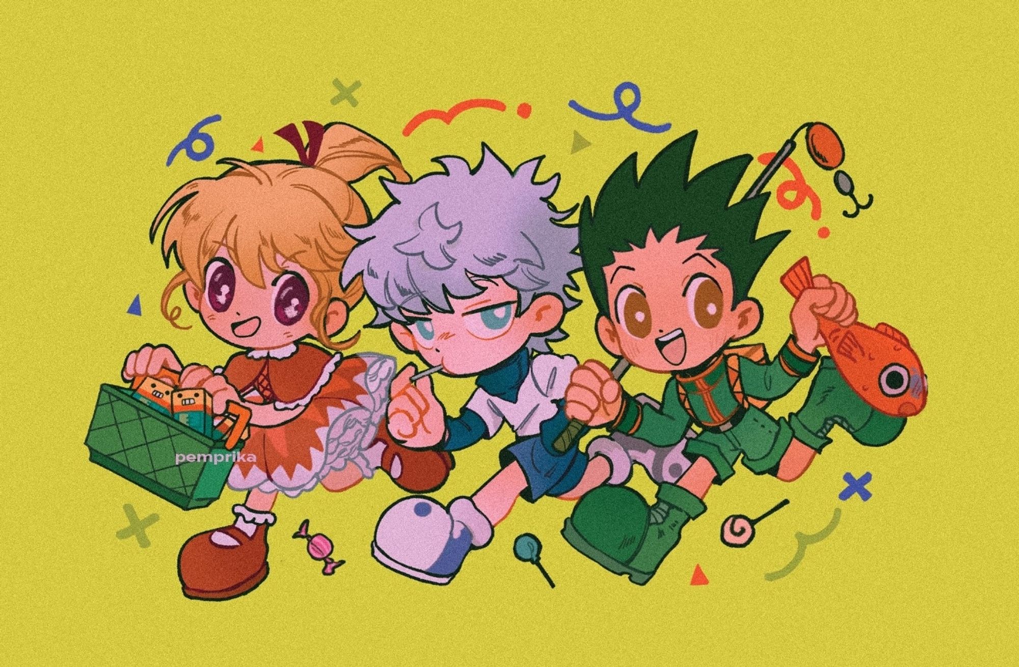 Confetti is around three hxh characters running in a line. From left to right: Bisky holds a green basket of choco robos, Killua eats a lollipop, and Gon carries a fishing rod and an orange fish.