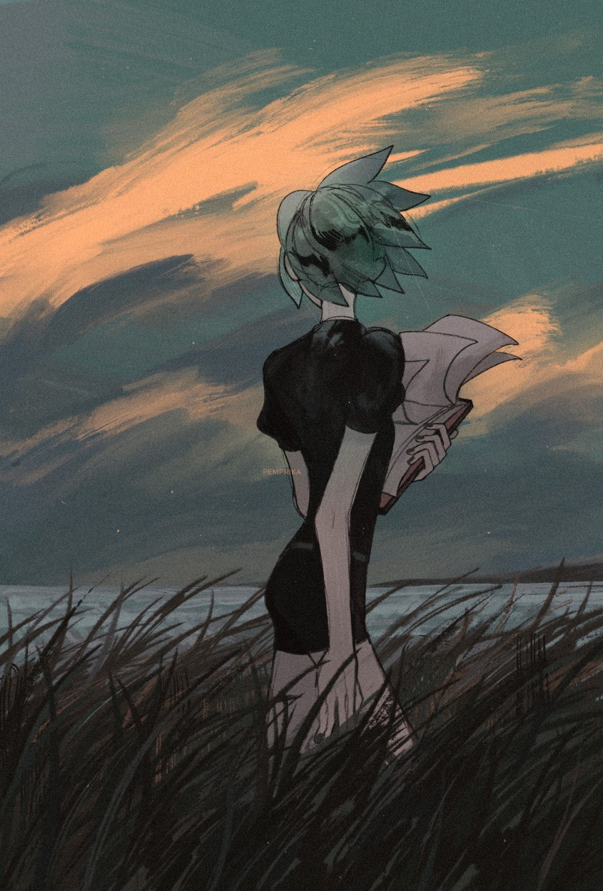 Young Phos standing in a grass field under a turquoise-colored evening sky with orange clouds. They're staring out into the ocean with their back turned while holding a notebook on their left hand as the pages flutter in the wind.