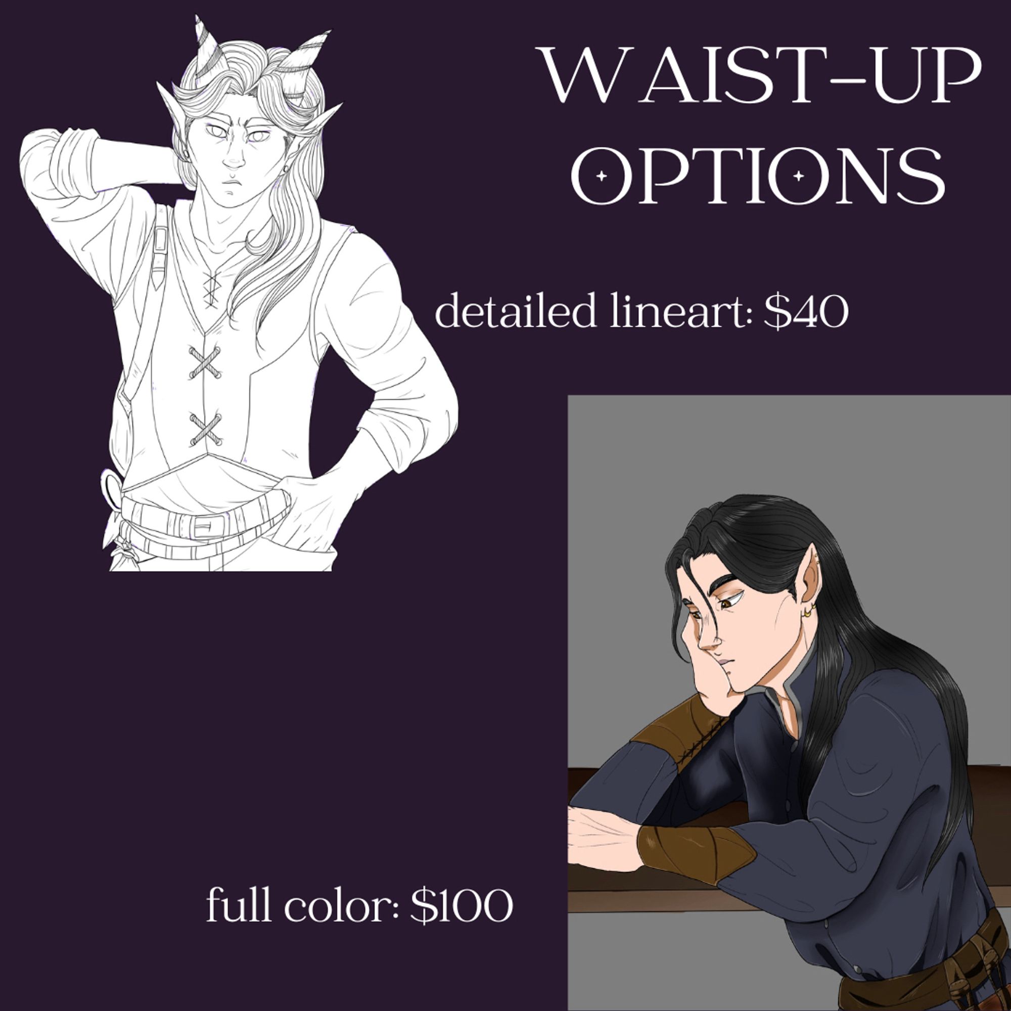 Waist-up options: detailed lineart $40, full color $100