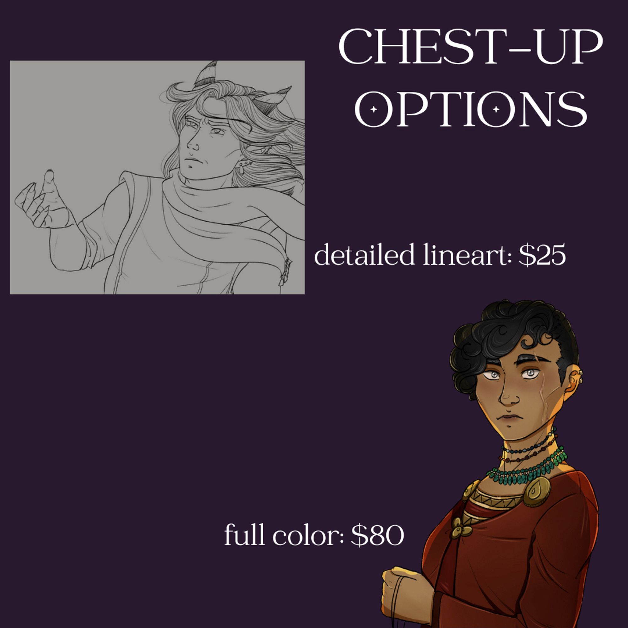 Chest-up options: detailed lineart $25, full color $80