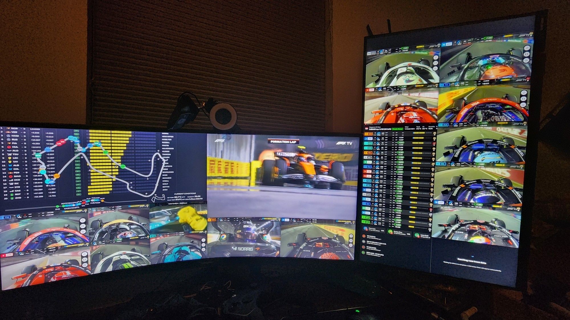 dual monitor setup watching F1: 15 driver on-boards, 4 data channels, and main broadcast feed