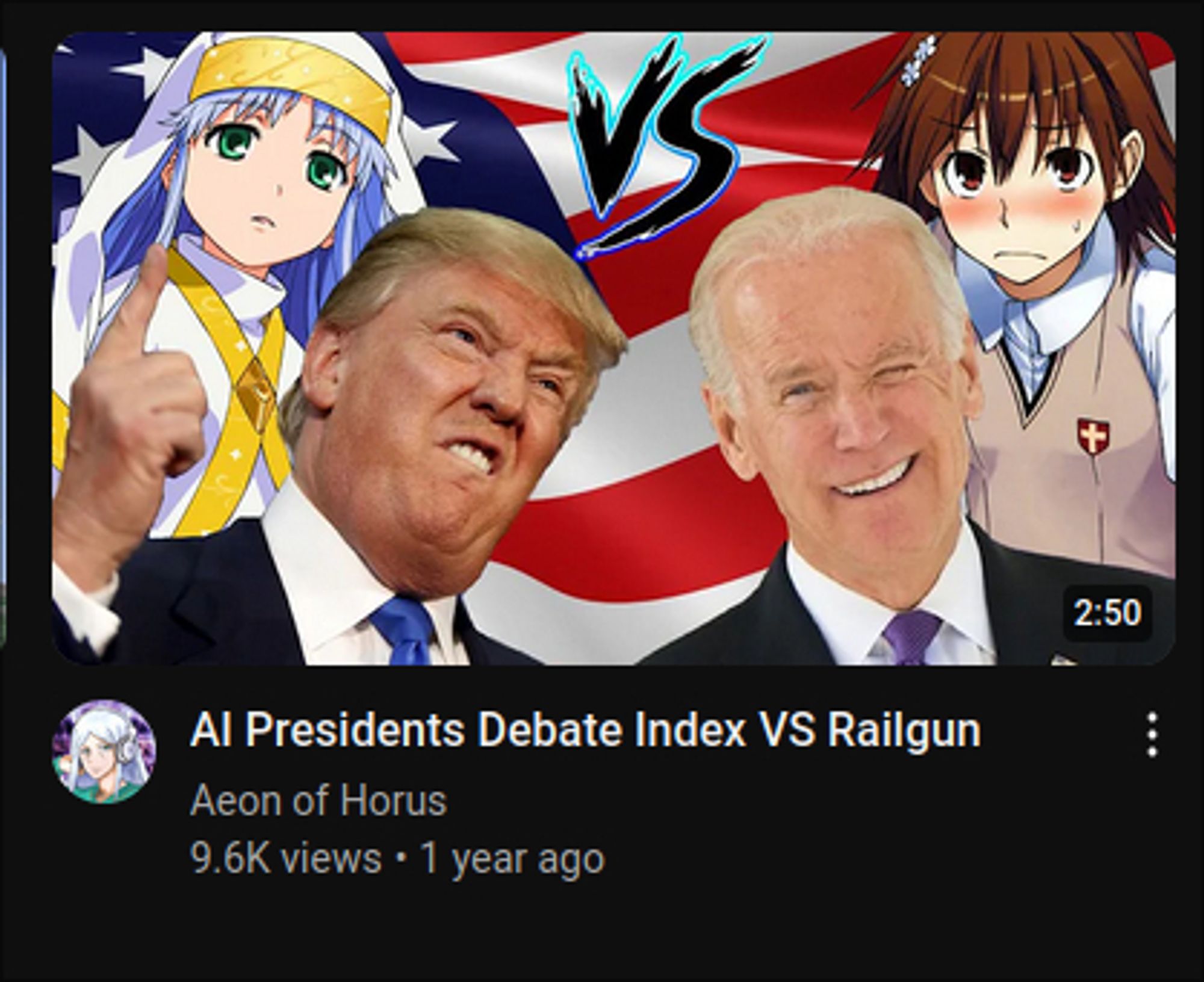 Youtube video "AI Presidents Debate Index VS Railgun" by Aeon of Horus