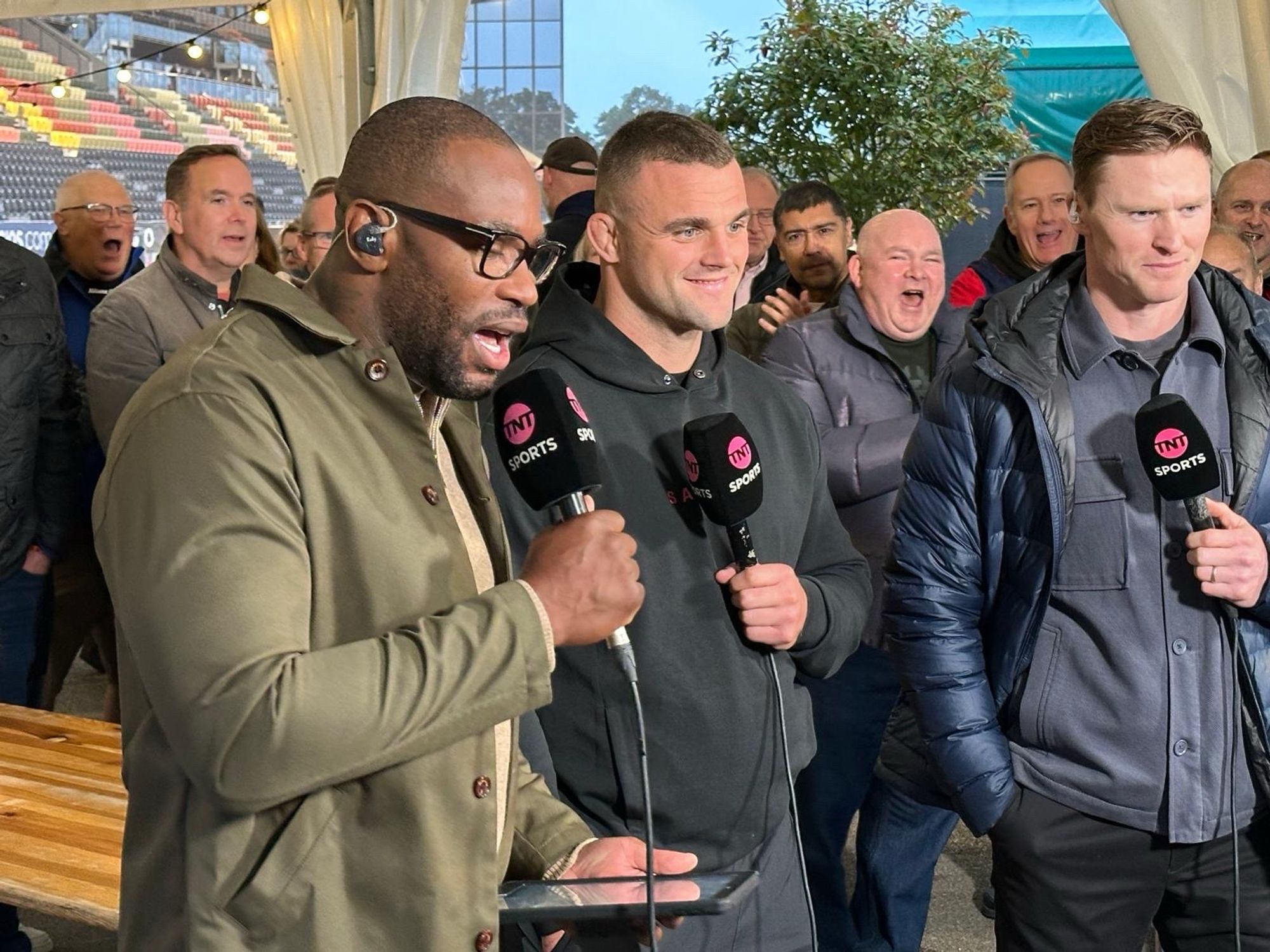 TNT Sports presenters Ugo Monye and Chris Ashton with current Saracens and England player Ben Earl.