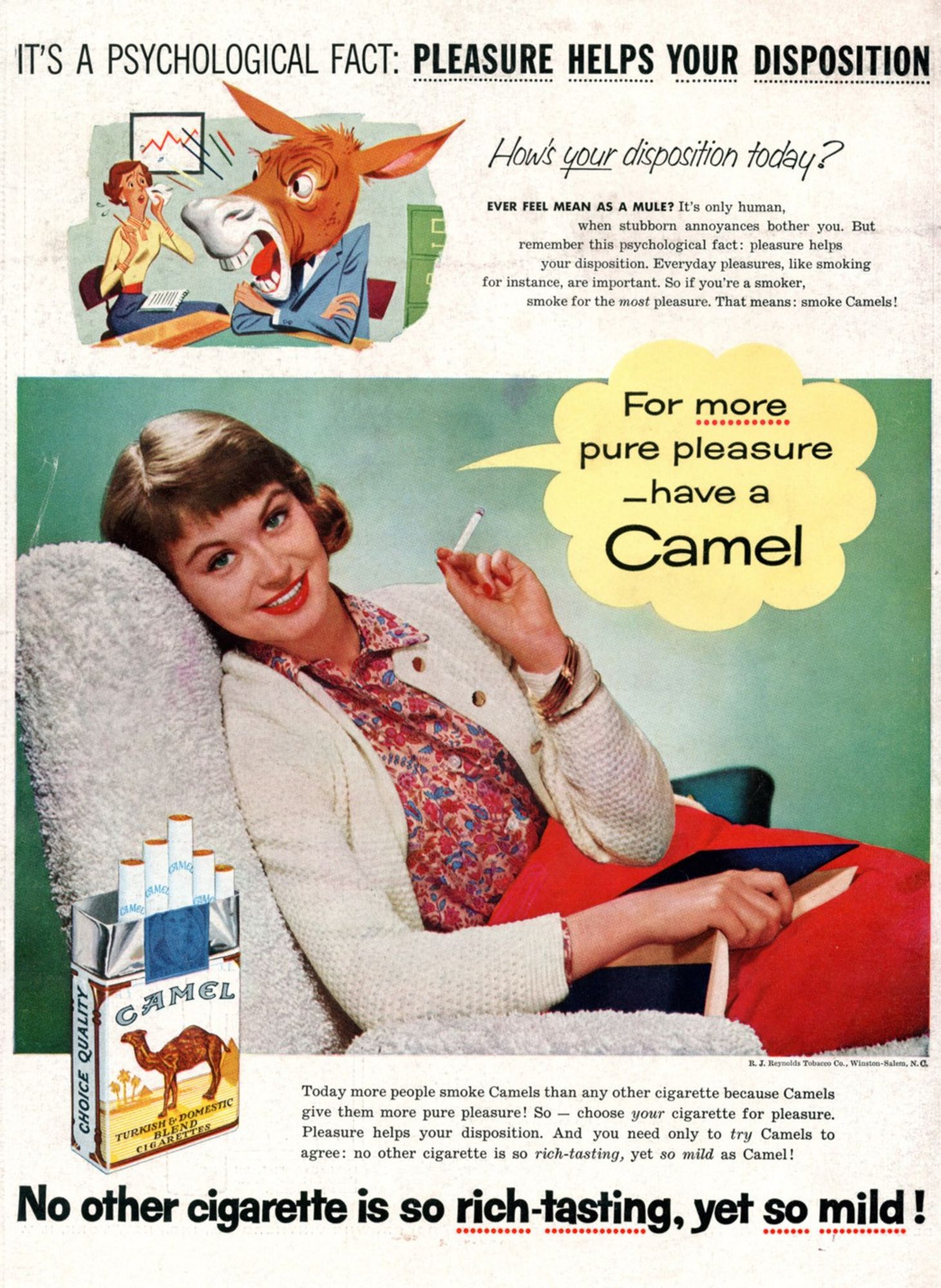 Print ad for camel cigarettes from the 1970s[SIC]

Headline: 

IT'S A PSYCHOLOGICAL FACT: PLEASURE HELPS YOUR DISPOSITION

*A woman in a floral blouse and white cardigan sits on a chair reading a book and smoking a cigarett*

A speech bubble: "For more pleasure, have a camel"

Sub head: "No other cigarette is so rich tasting, yet so mild!"