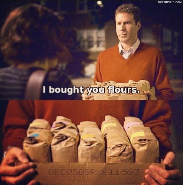 Will Ferrell handing an assortment of flours to a baker. From the movie Stranger Than Fiction.