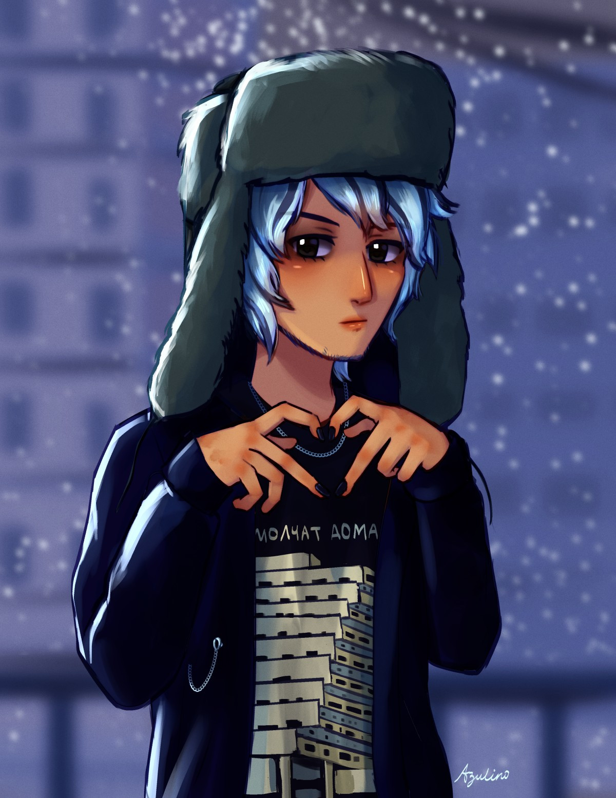 Artemiy is standing on a balcony with snow and apartment buildings in the back. He is wearing an ushanka, a jacket, and a Molchat Doma shirt. He is making a heart with his hands.