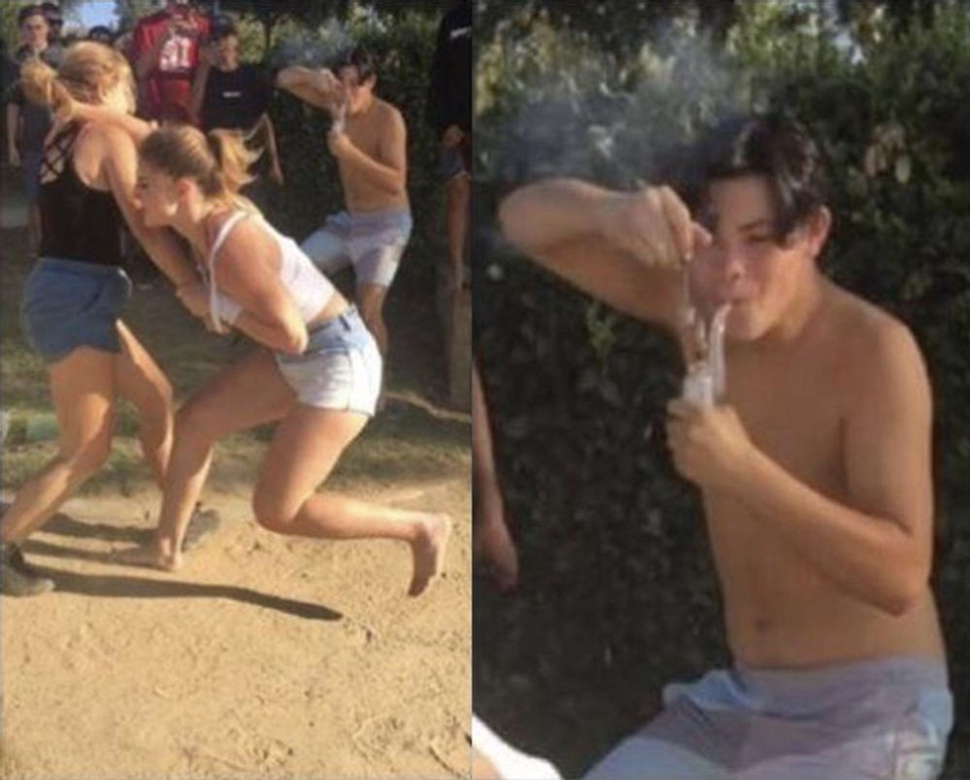 The meme of a boy smoking a dab while watching two girls fight each other