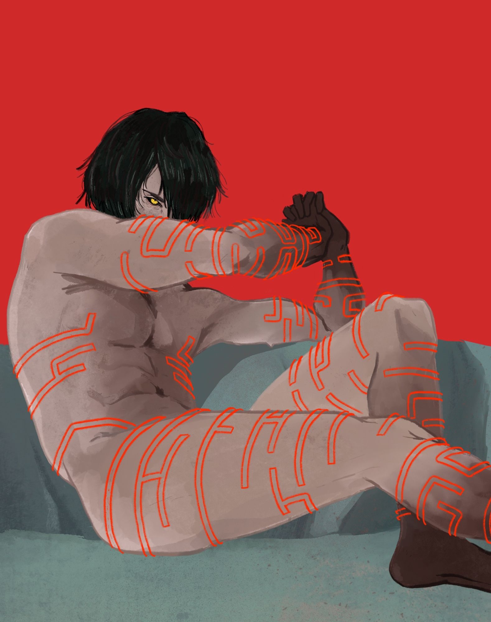 Work in progress illustration of a man with grey skin and black hair covered in red markings. He’s in the pose of the Fallen Angel painting (lounging while glaring over his arm).