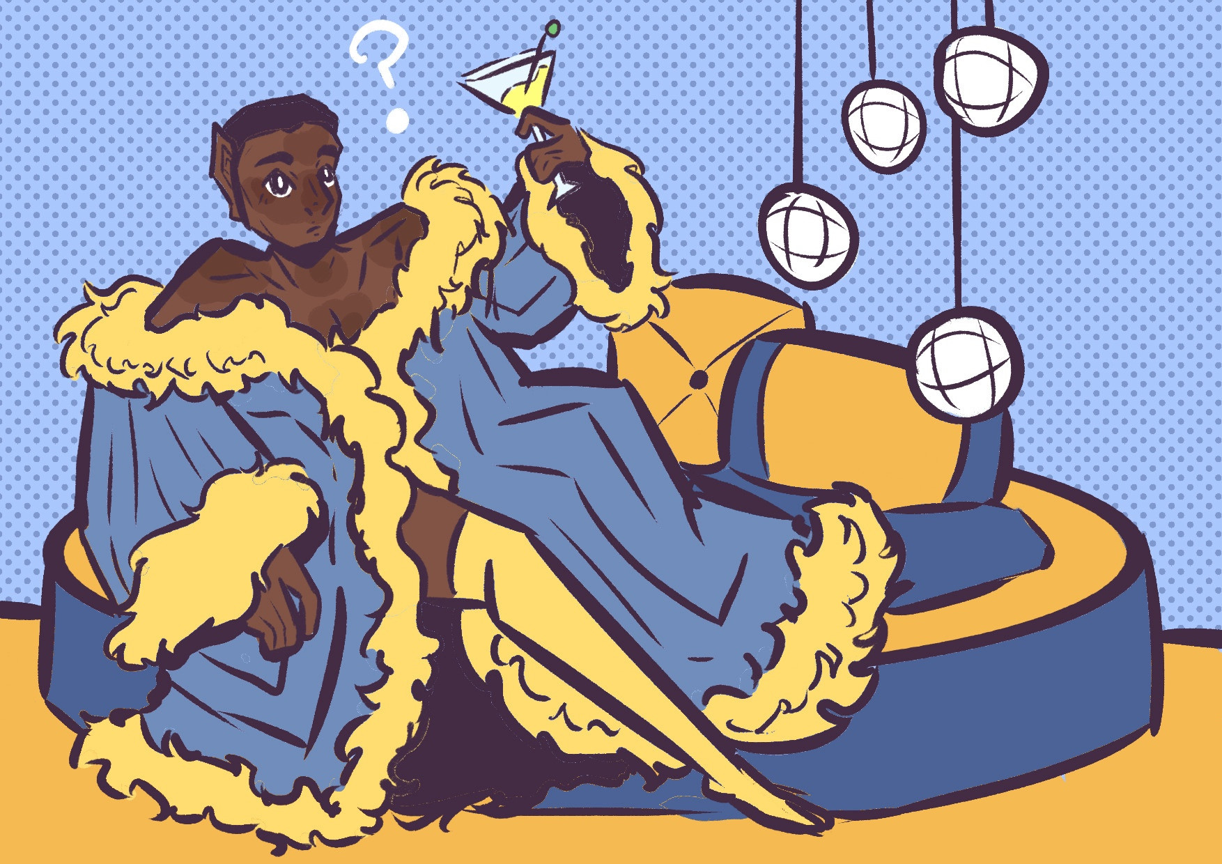 Maximus from fallout laying on a circular bed, hes in a very over the top blue and yellow feathered robe with a martini glass.