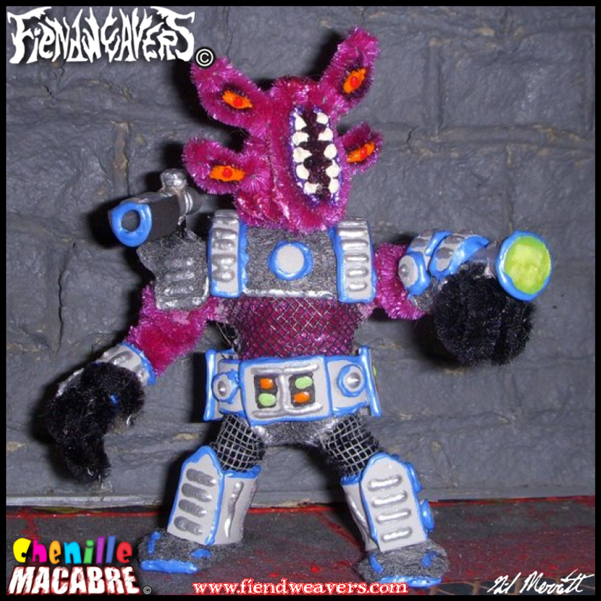 A pipe cleaner figure I built of The Conscriptor, a playable fighter in my tabletop horror fighting game AMPUTHEATRE. The Conscriptor is an alien presser capturing Earthlings to fight in a war on its home planet. It has magenta skin, four eyes, a vertical mouth, and high tech armor including a shoulder turret and wrist beam. It stands 3" (7.62 cm) high, and its head and arms come off for AMPUTHEATRE combat.