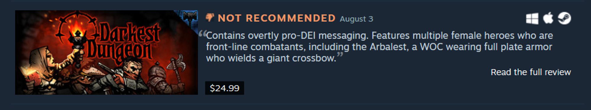 A screenshot of Darkest Dungeon on the Steam Curator: Woke Content List. DD is "Not Recommended" because it "contains overtly pro-DEI messaging. Features multiple female heroes who are front-line combatants, including the Arbalest, a WOC wearing full plate armor who wields a giant crossbow."