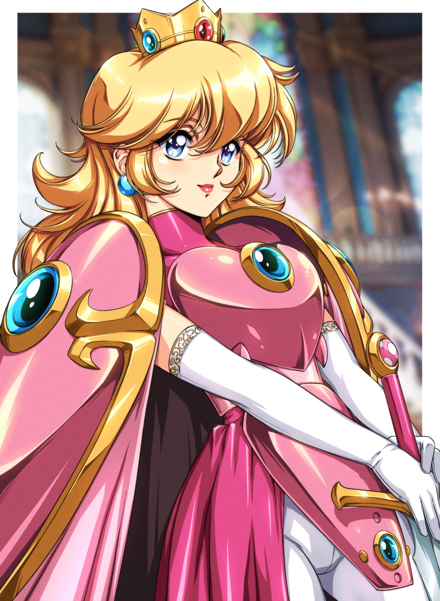 An illustration of Princess Peach wearing armor based on an early piece of Mario RPG concept art.