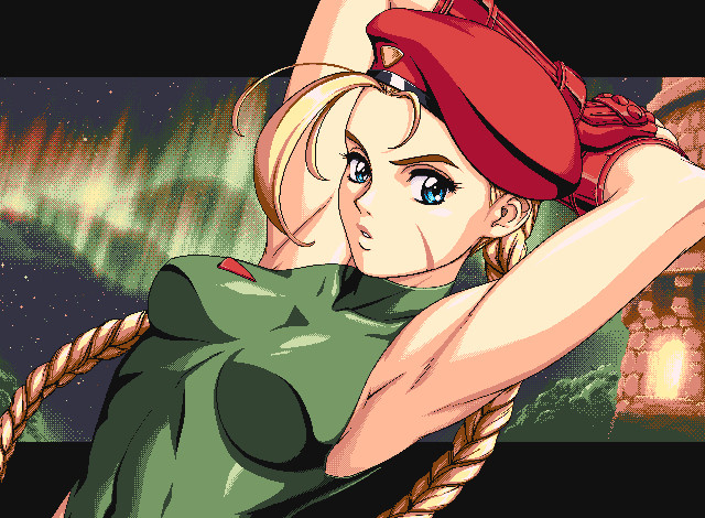 Pixel art of Street Fighter's Cammy White, in a style resembling PC98 graphics.