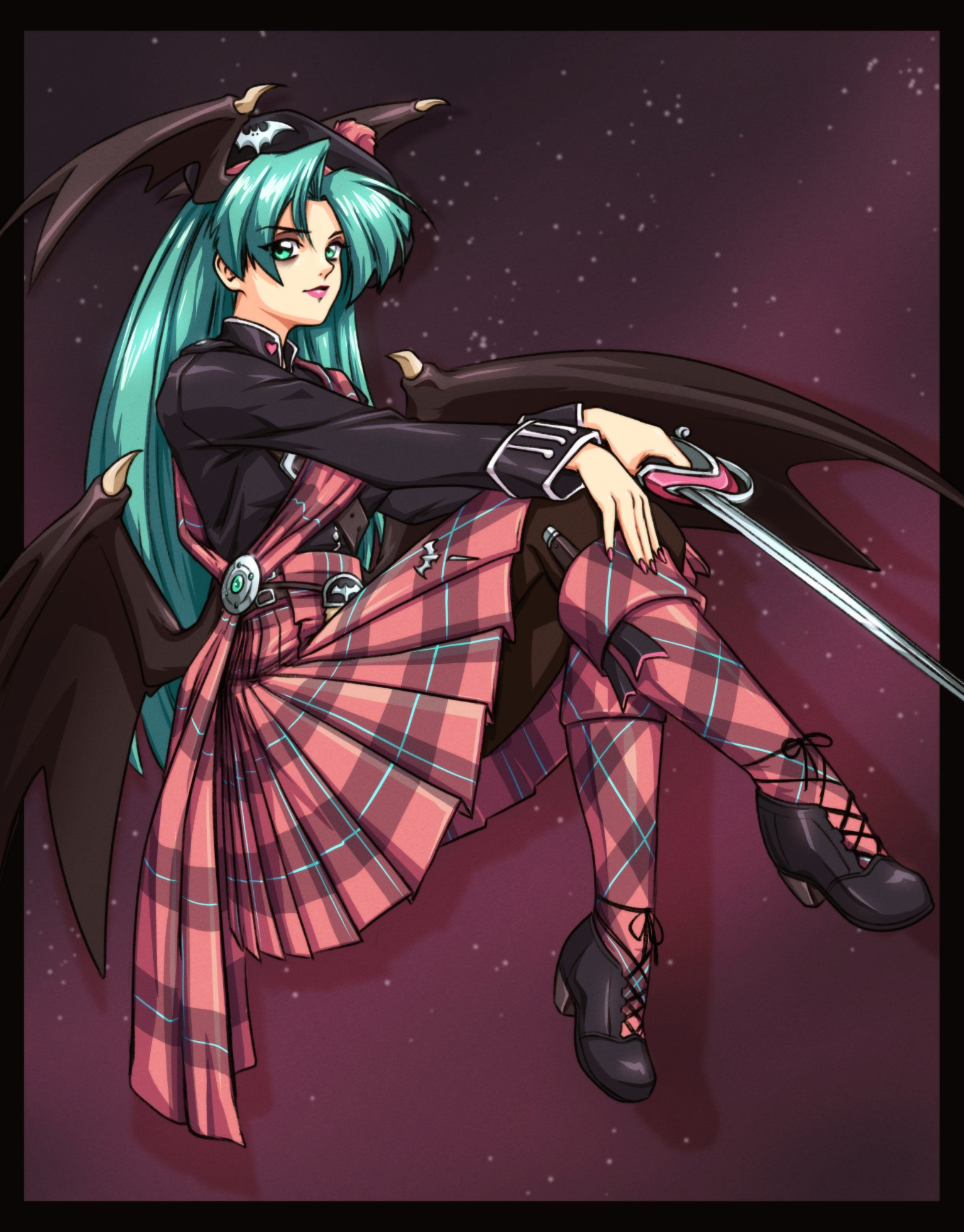 An illustration of Morrigan Aensland from Darkstalkers, in a traditional outfit