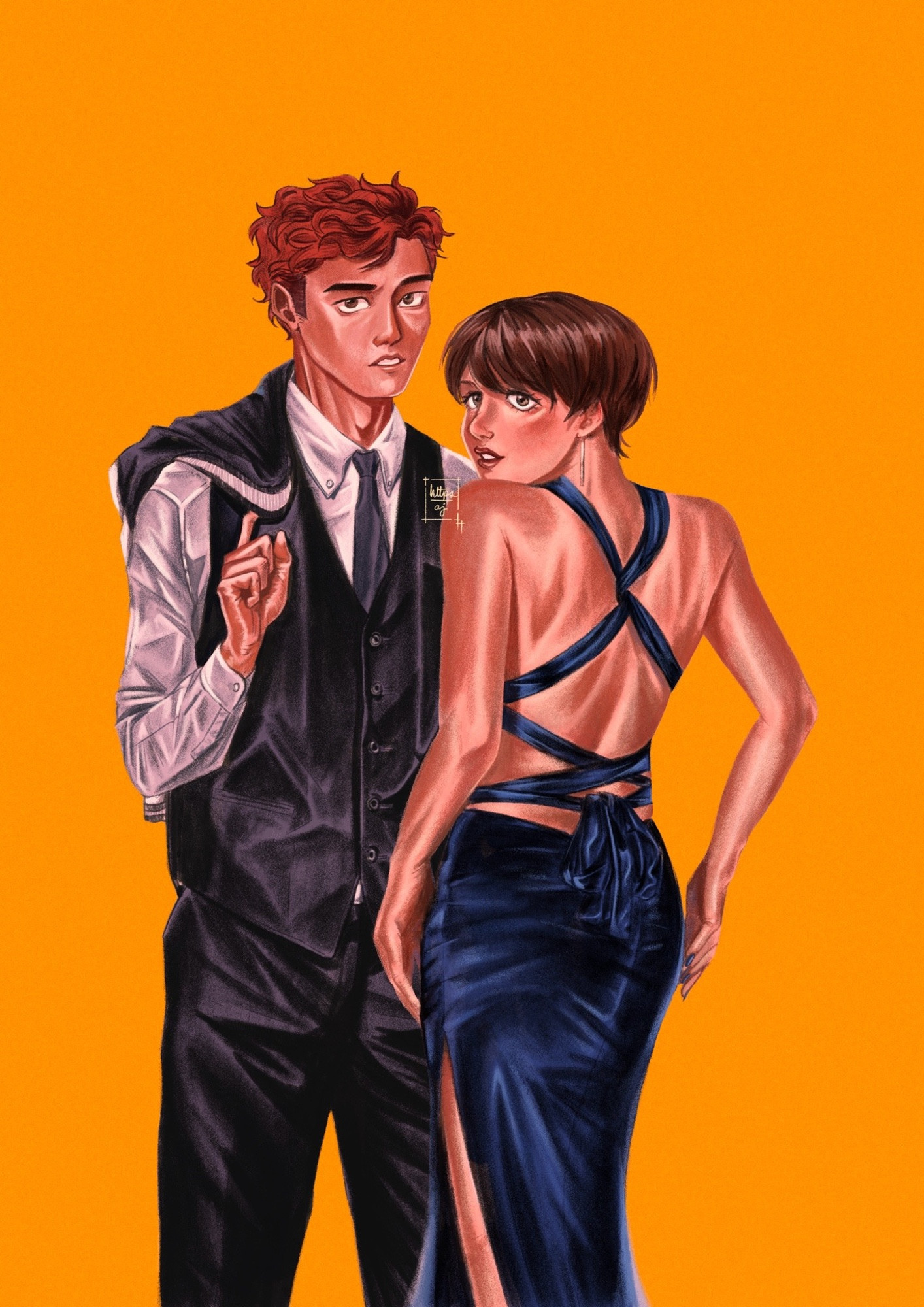 An illustration of the OP’s OCs, Miyata and Kazue standing over a yellow-orange background. Miyata’s red curly hair is slightly slicked back. He is holding onto his jacket by a finger as it’s draped over his shoulder. He’s wearing a muted dark blue vest, slacks, and a tie. Kazue stands next to him, looking over her shoulder, he back turned towards the camera, a shiny dangling earring catching the light. She is wearing a dark blue velvety looking dress, with the straps covering her bare back. The slit of her dress rests high on her thigh, where her manicured nails rest.