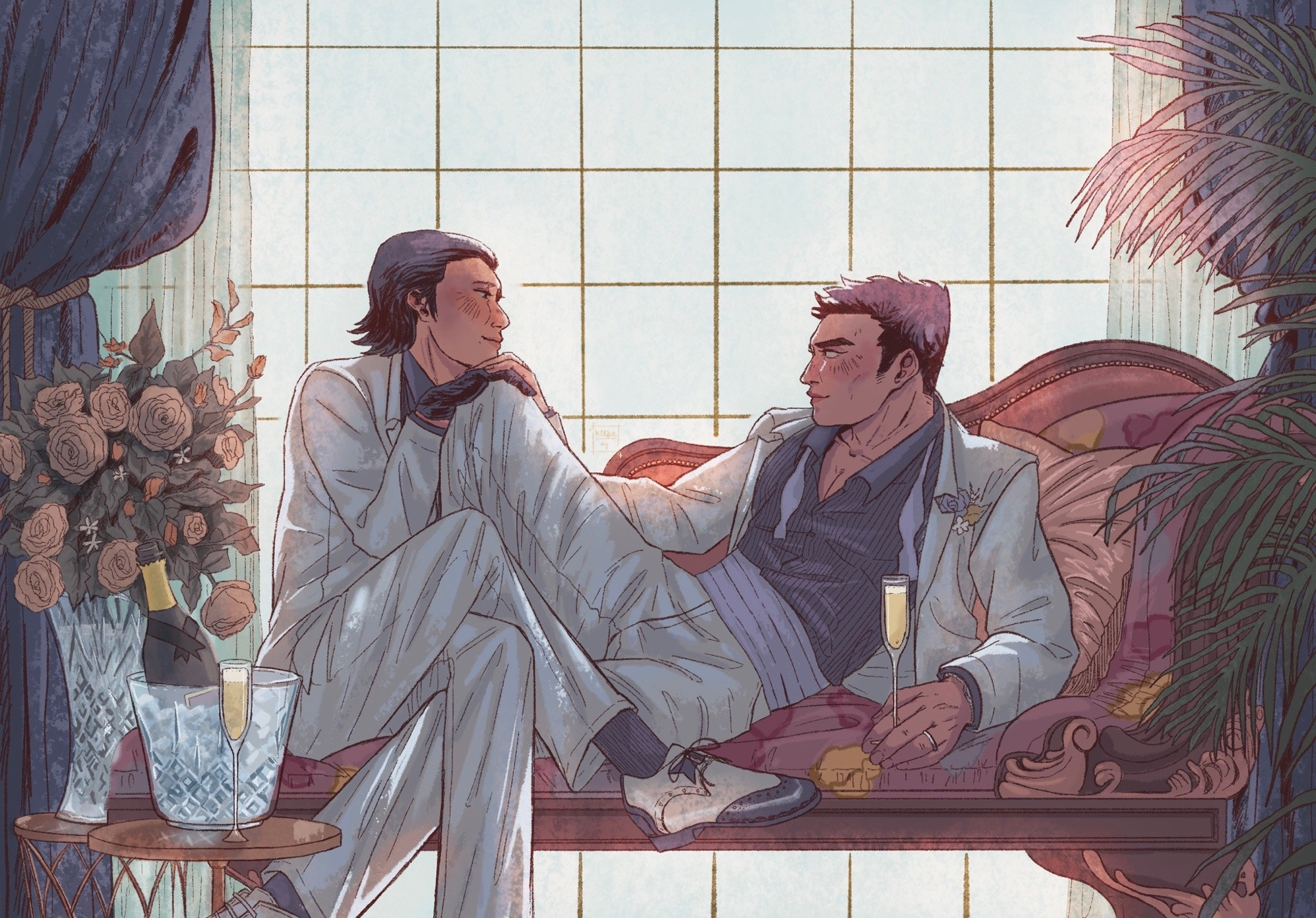 An illustration of Tachibana Tetsu and Kiryu Kazuma from Yakuza 0. Both of them are sitting on a lounge chair with dark wooden trim and reddish, floral cushioning, placed in front of a large, bright window. They’re framed by a couple of curtains on the left and and some palm fronds on the right.

There are two curtains: one dark blue—velvety and opaque, tied back by a golden rope. Behind it is a translucent mint curtain. In front of it is a large bouquet of roses, placed in a glass vase. In front of that is a small golden table holding a bucket of ice, a bottle of champagne settled in it and next to that, a flute of champagne.

They are both wearing white tuxes with dark blue shirts. Kiryu can be seen wearing a light blue bow tie and cummerbund as well as white dress shoes. Meanwhile, Tachibana’s shoes are white with dark toes.

Tachibana is sitting on the left, one leg over the other as his hand and prosthetic are placed on Kiryu’s knee, looking at Kiryu with a fond expression. Kiryu is lounging, leaning back, propped up by his left elbow, holding his own champagne flute. 