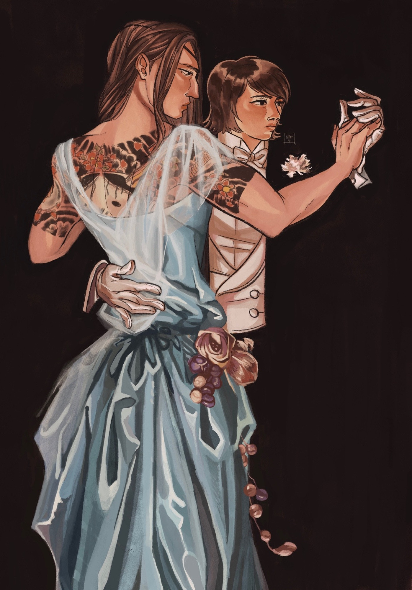 An illustration of Majima and Makoto as Leyndecker's Advertisement: Arrow Collars and Shirts for Dress (1918). Majima's hair is down and he's wearing a powder blue dress, with flowers attached to his hip, a translucent shawl barely covering his bare back, his irezumi peeking through the dress. Makoto is holding Majima, leading him into dance as she wears a suit and silk gloves with a flower tucked in her breast pocket. They are surrounded by the dark negative space, Makoto being immersed in it, due to her black suit.