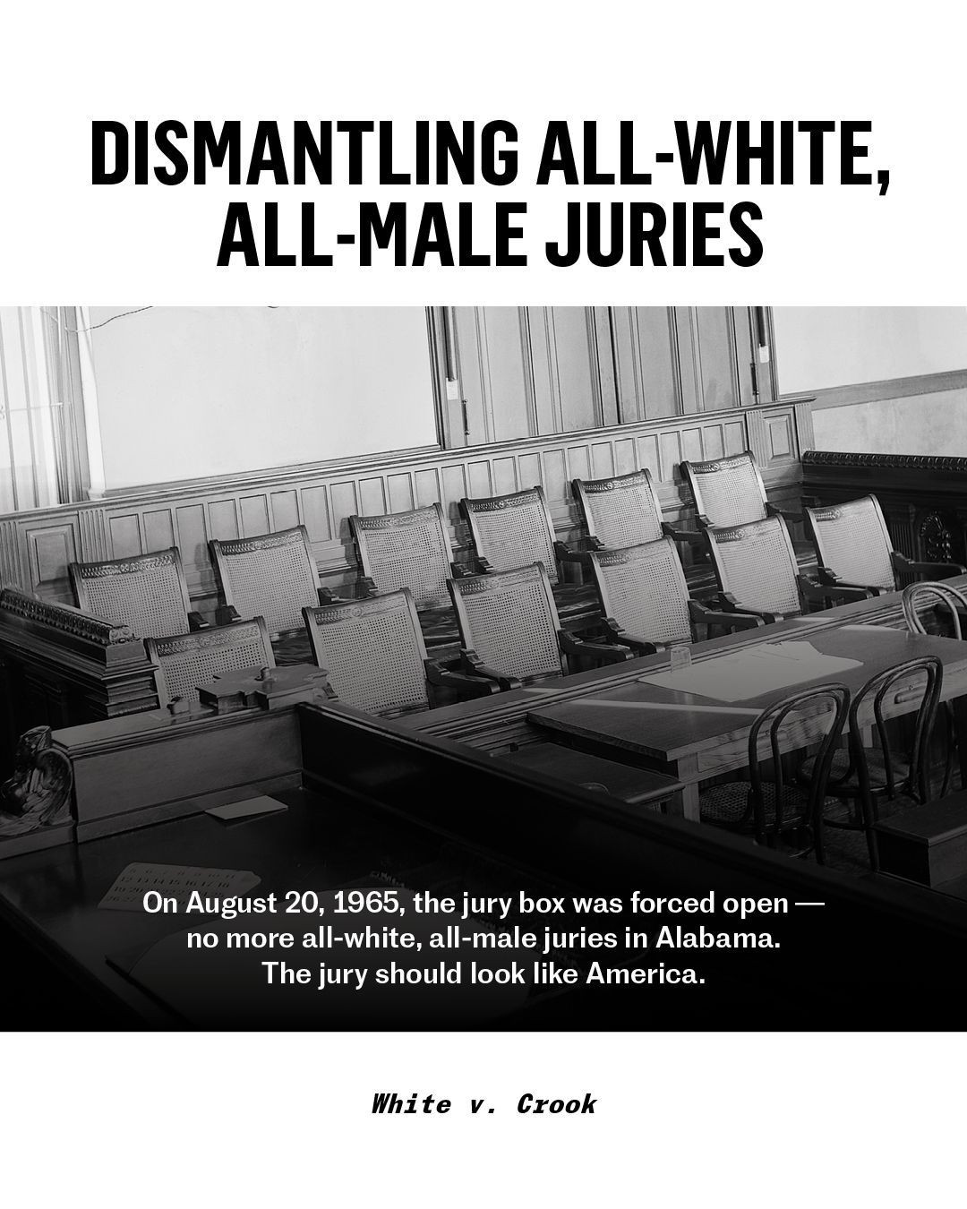 Black and white image of an empty jury box in a courtroom with a caption discussing the historical end of all-white, all-male juries in Alabama, referencing the case White v. Crook from August 20, 1965.