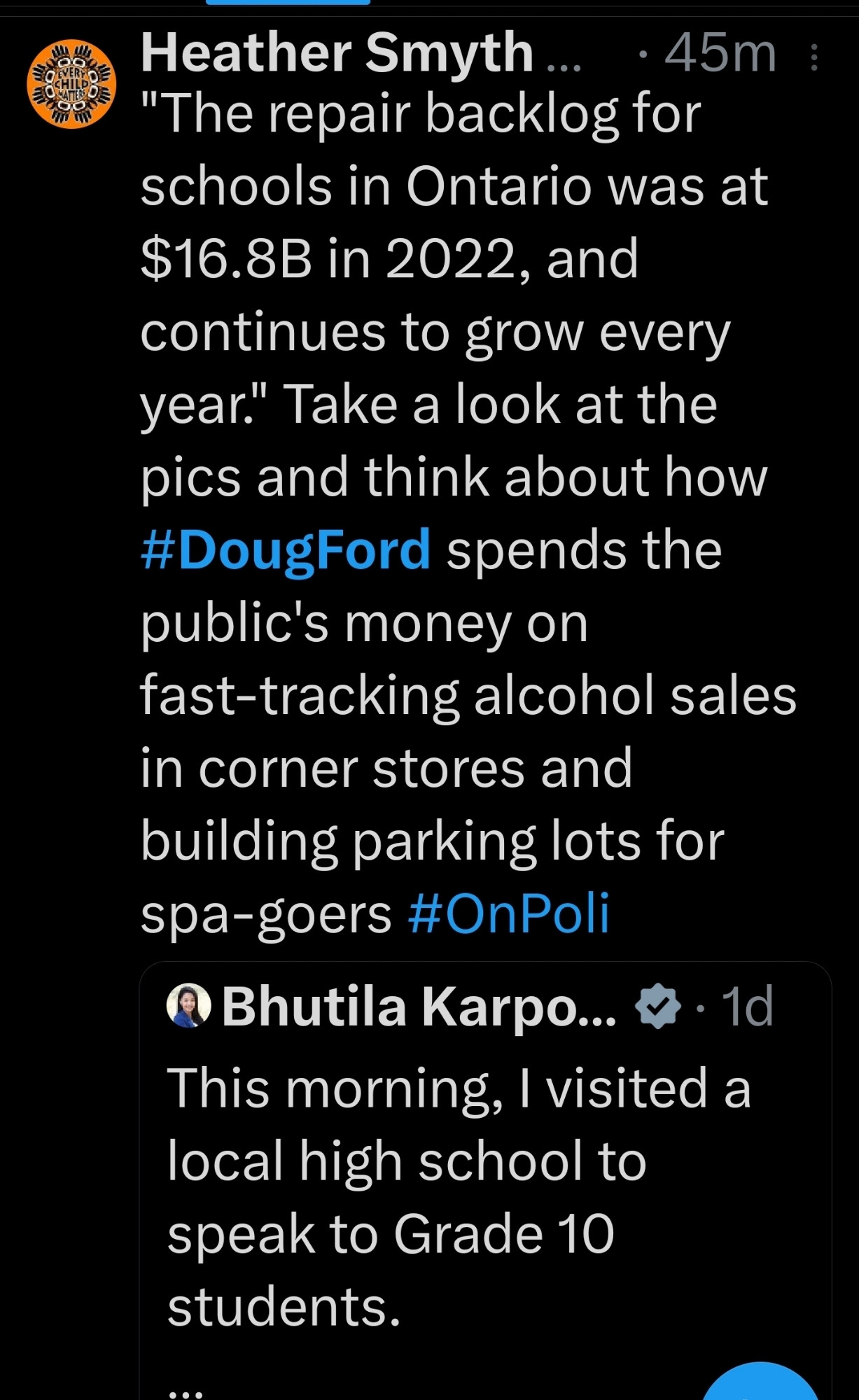 Heather Smyth... .45m: "The repair backlog for schools in Ontario was at $16.8B in 2022, and continues to grow every year." Take a look at the pics and think about how #DougFord spends the public's money on fast-tracking alcohol sales in corner stores and
building parking lots for
spa-goers #OnPoli