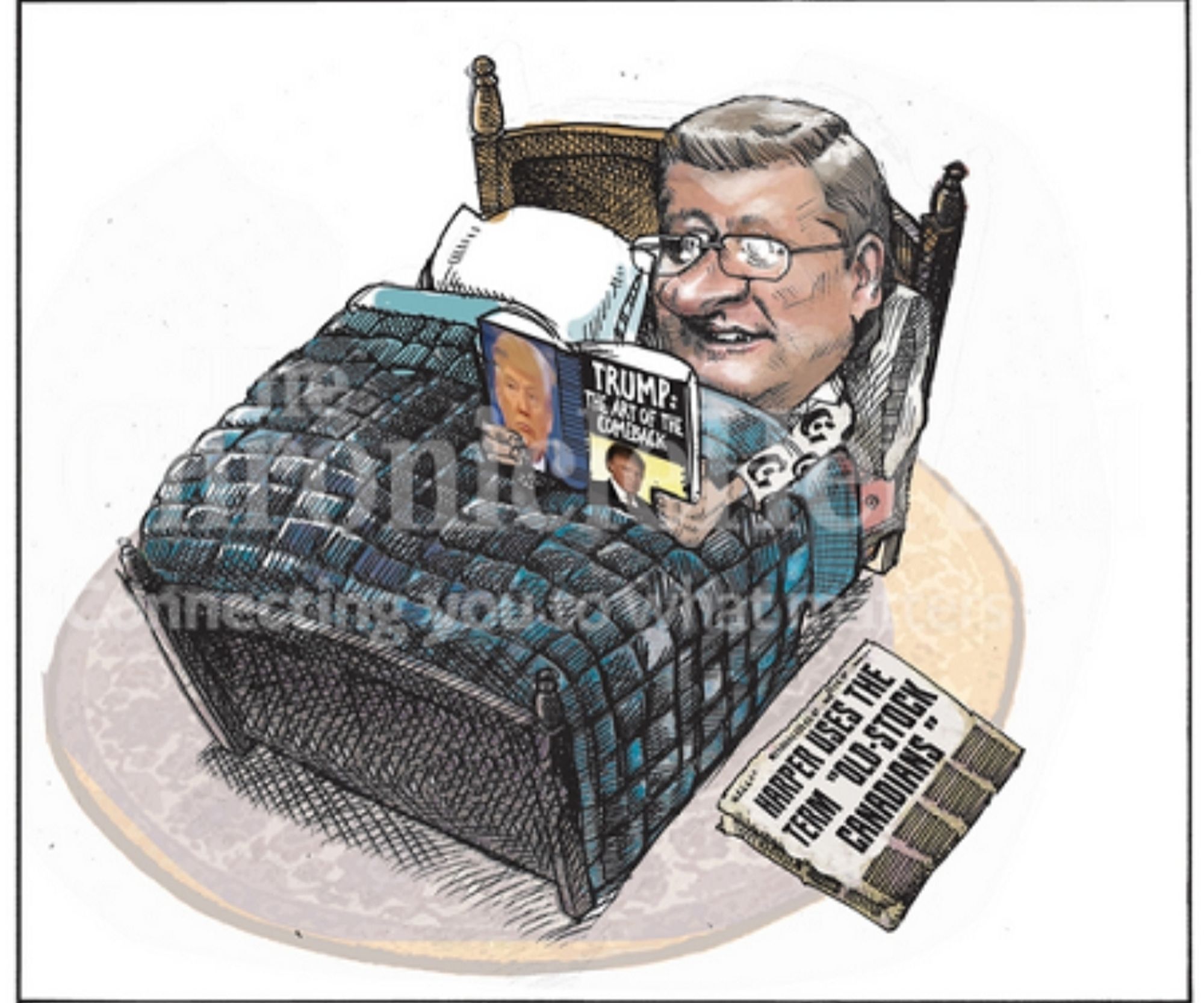 Stephen harper in a bed reading a trump book the art of the comeback 
Newspaper headline, Harper using the term "old stock canadians"