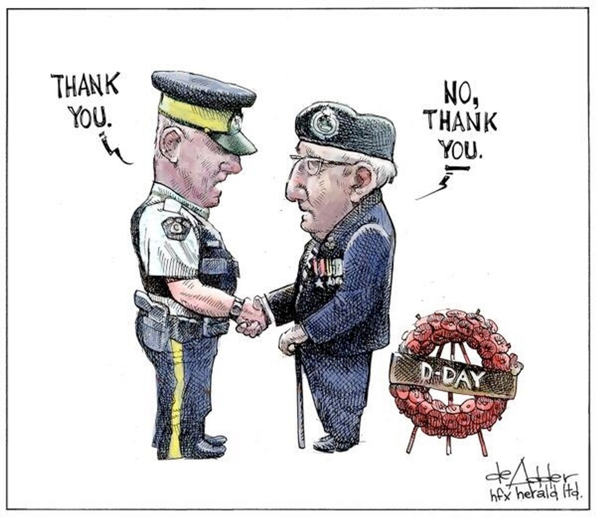 An RCMP officer "thank you" thanking WWII veteran says "no thank you".