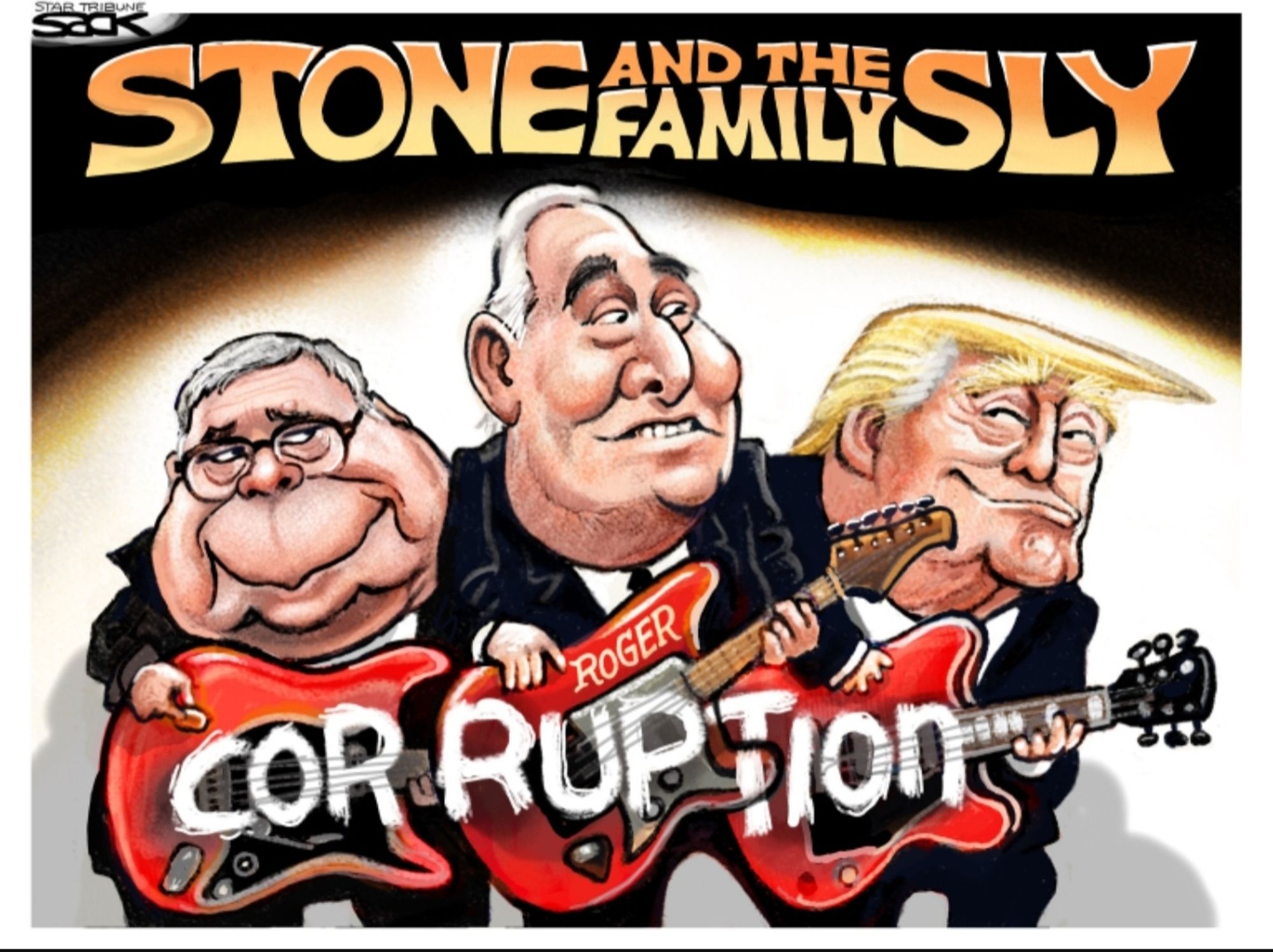 Headline above barr stone and harper playing red guitars 
stone and the family sly.
CORRUPTION