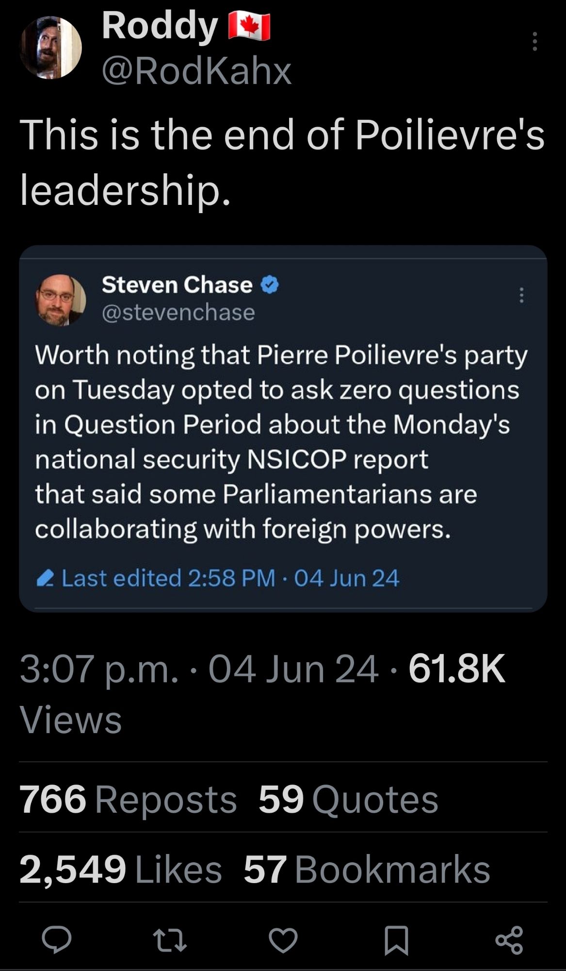 Roddy @RodKahx

This is the end of Poilievre's leadership.

Steven Chase @stevenchase

Worth noting that Pierre Poilievre's party on Tuesday opted to ask zero questions in Question Period about the Monday's national security NSICOP report that said some Parliamentarians are collaborating with foreign powers.

Last edited 2:58 PM 04 Jun 24

3:07 p.m. 04 Jun 24 61.8K