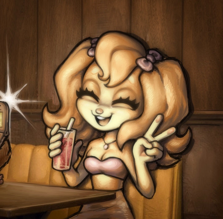 This image is a closeup of a LPS-inspired doggirl posing with a drink and a peace sign for a picture at a bar.