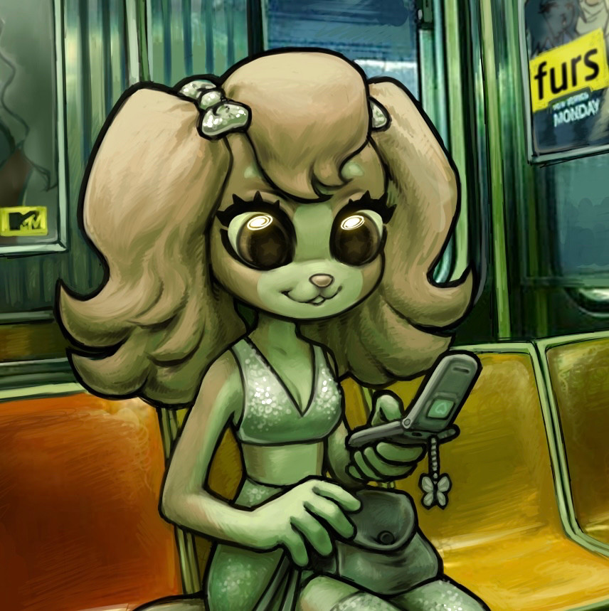 This image is a closeup of a LPS-inspired doggirl texting someone while on the metro.